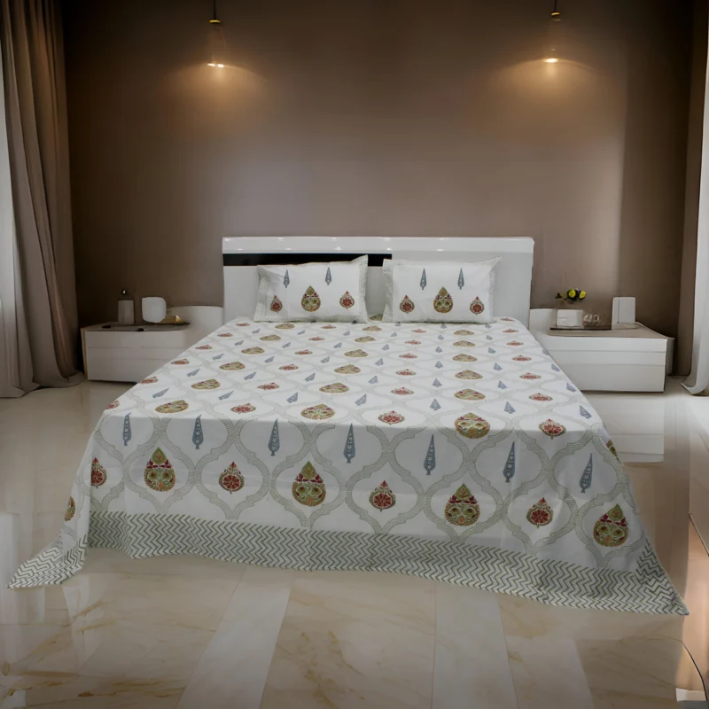 Marhaba Hand Block Print Cotton Bedsheet, WHITE LILLY 03