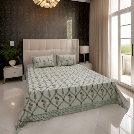 Marhaba 100% Cotton (220TC) Hand Block Print Bedsheet, BEIGELILLY 01