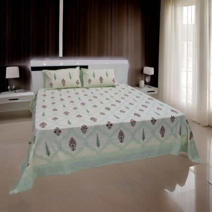 Marhaba 100% Cotton (220TC) Hand Block Print Bedsheet, CREAMLILLY 21 (I)